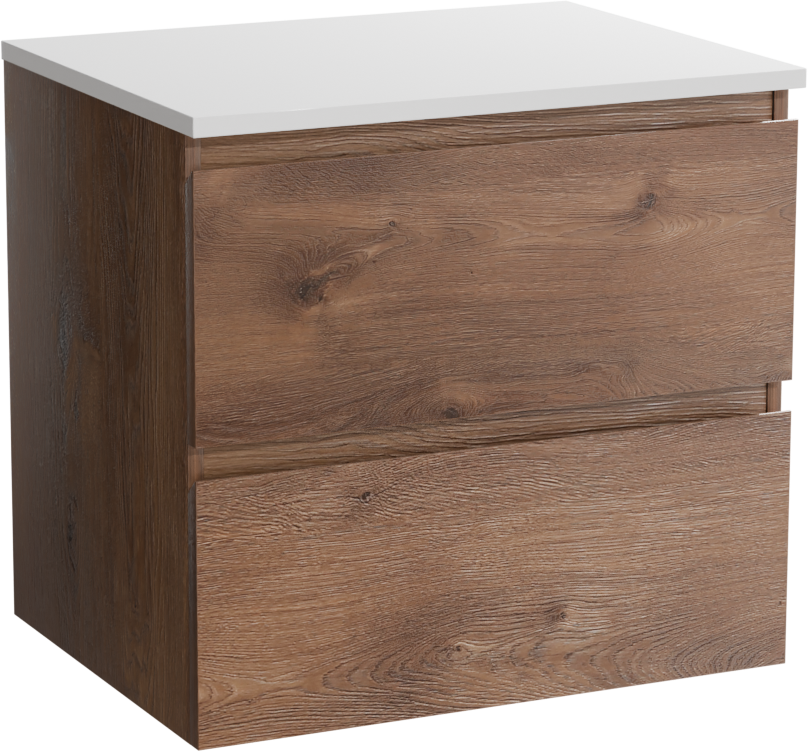 Linie Lado meuble salle de bains suspendu 60 x 46 cm chêne brun avec Lado tablette simple en marbre composite blanc mat