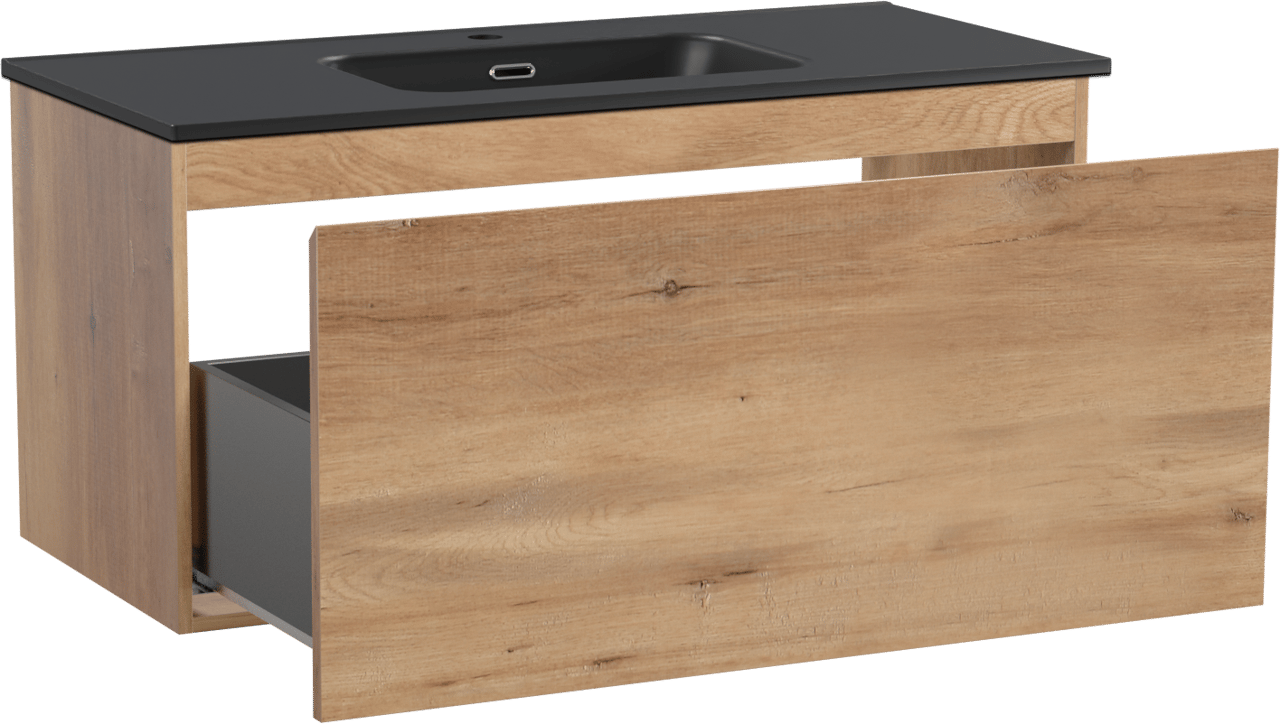 Linie Lado meuble salle de bains suspendu 100 x 46 cm chêne naturel avec Baro plan simple en porcelaine noir mat