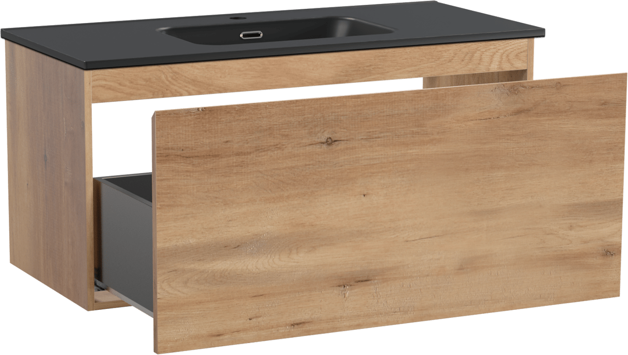 Linie Lado meuble salle de bains suspendu 100 x 46 cm chêne naturel avec Baro plan simple en porcelaine noir mat