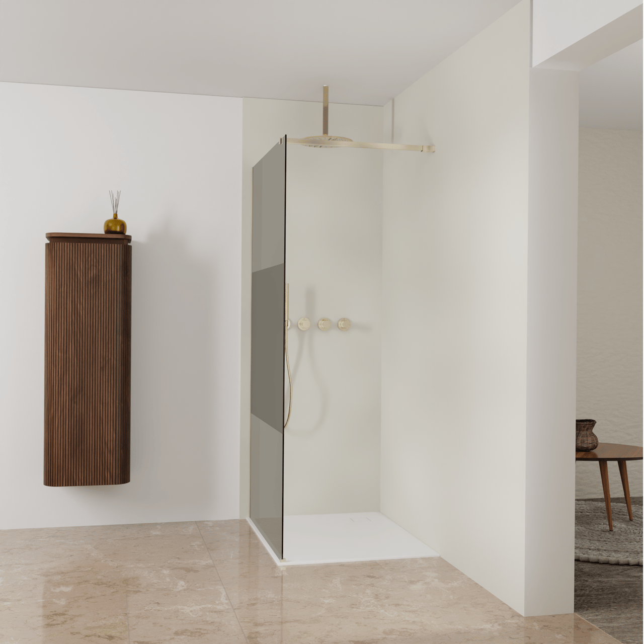 Balmani Modular Walk-In Dusche: 100 x 200 cm, Rauchglas mit mattiertem Streifen, inklusive Coating, Profil Brushed Champagne Gold