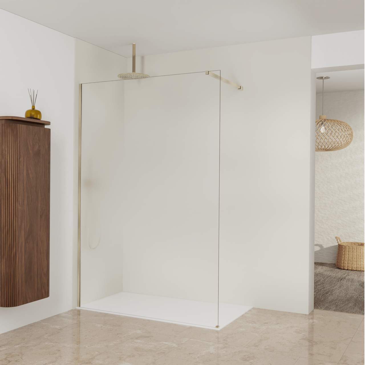 Balmani Modular Walk-In Dusche: 140 x 200 cm, Permafrost, inklusive Coating, Profil Brushed Champagne Gold