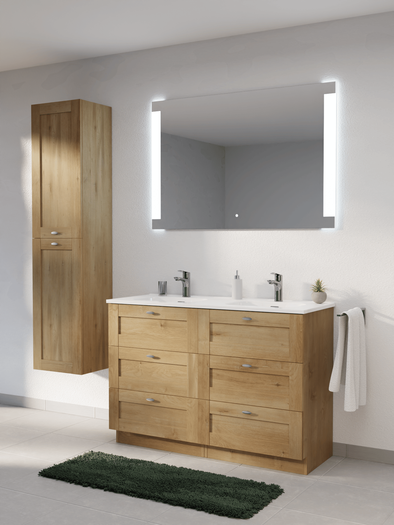 Linie Classo staand badmeubel 120 x 46 cm naturel eiken met Baro dubbele wastafel in porselein hoogglans wit