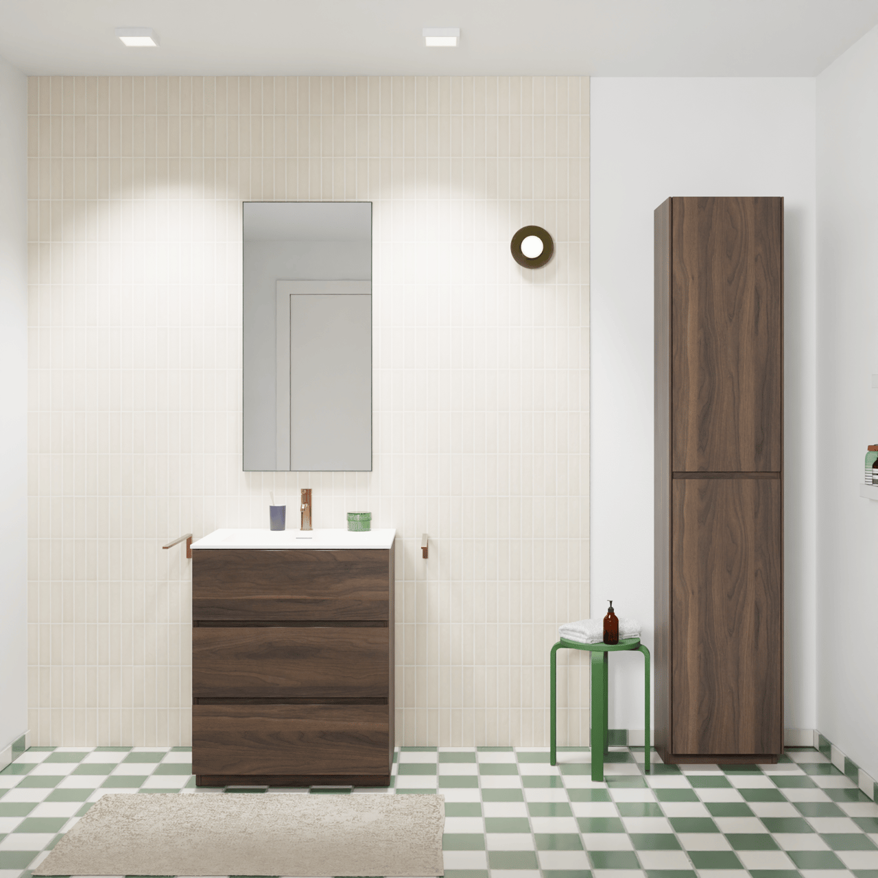 Storke Edge staand badmeubel 65 x 52 cm notenhout met Mata enkele wastafel in solid surface mat wit