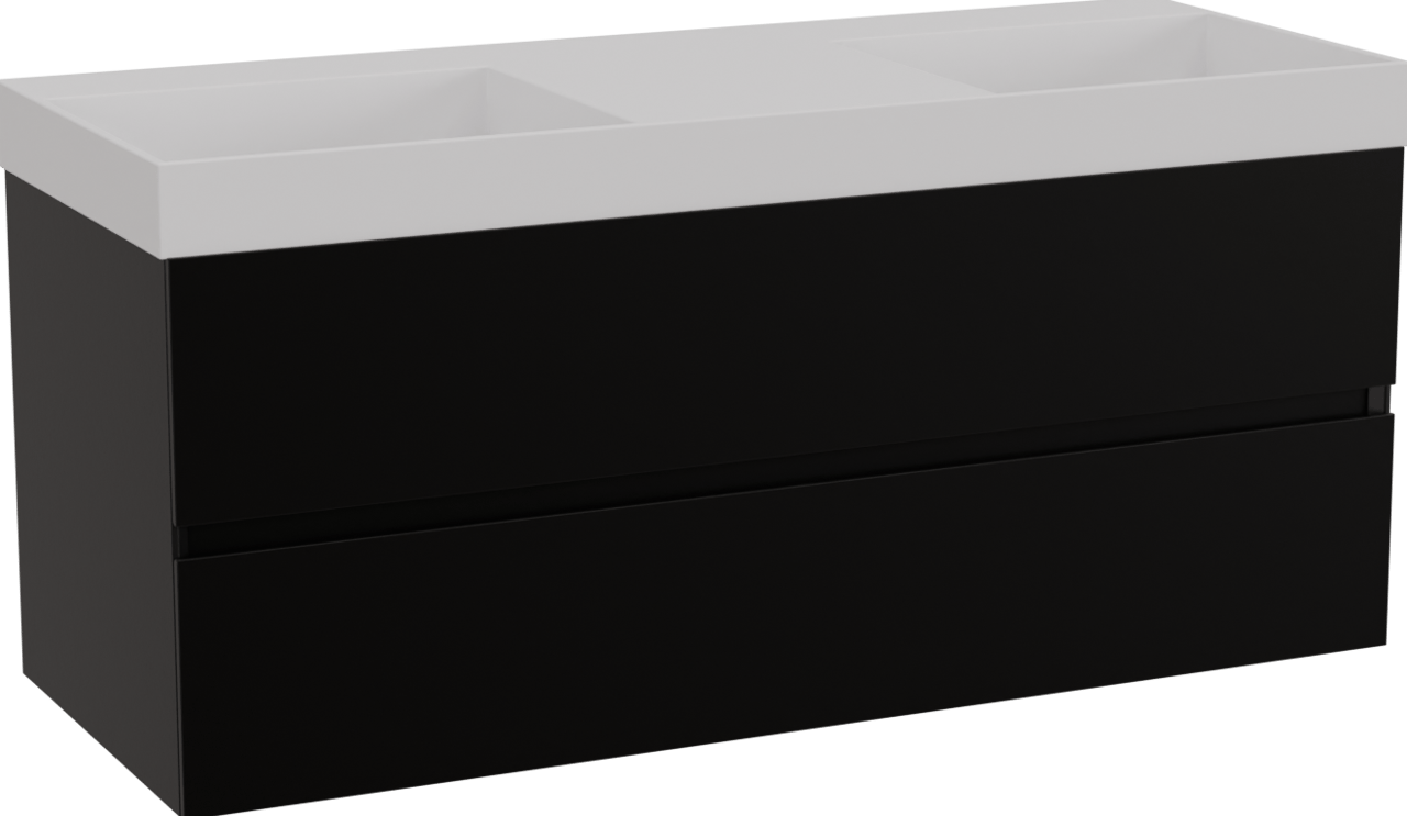 Storke Edge zwevend badmeubel 120 x 46 cm mat zwart met Jura dubbele wastafel in solid surface mat wit