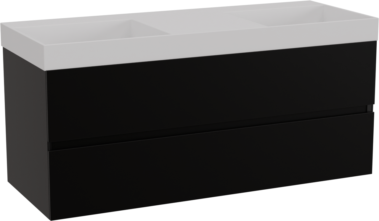 Storke Edge zwevend badkamermeubel 120 x 46 cm mat zwart met Jura dubbele wastafel in solid surface mat wit