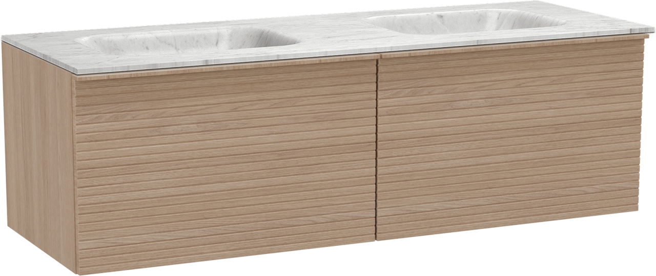 Balmani Forma meuble salle de bains suspendu 150 x 55 cm chêne naturel avec Tablo Arcato double vasque en marbre carrare, Nervure droite symétrique horizontale