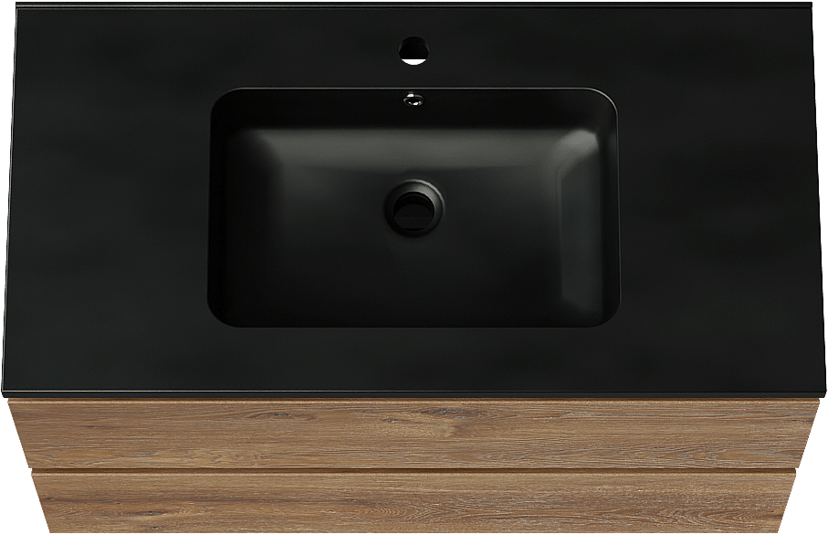 Linie Lado zwevend badkamermeubel 90 x 46 cm bruine eik met Vano enkele wastafel in composietmarmer mat zwart