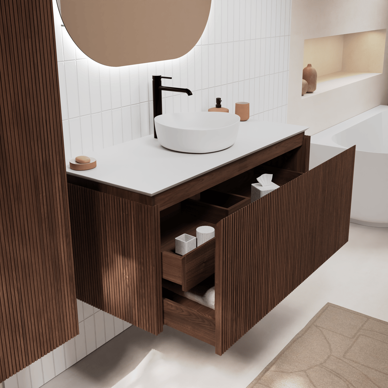 Balmani Eclips meuble salle de bains suspendu 120 x 55 cm Noyer américain avec Eclips tablette simple ou double en Solid Surface blanc mat, Nervure droite symétrique verticale