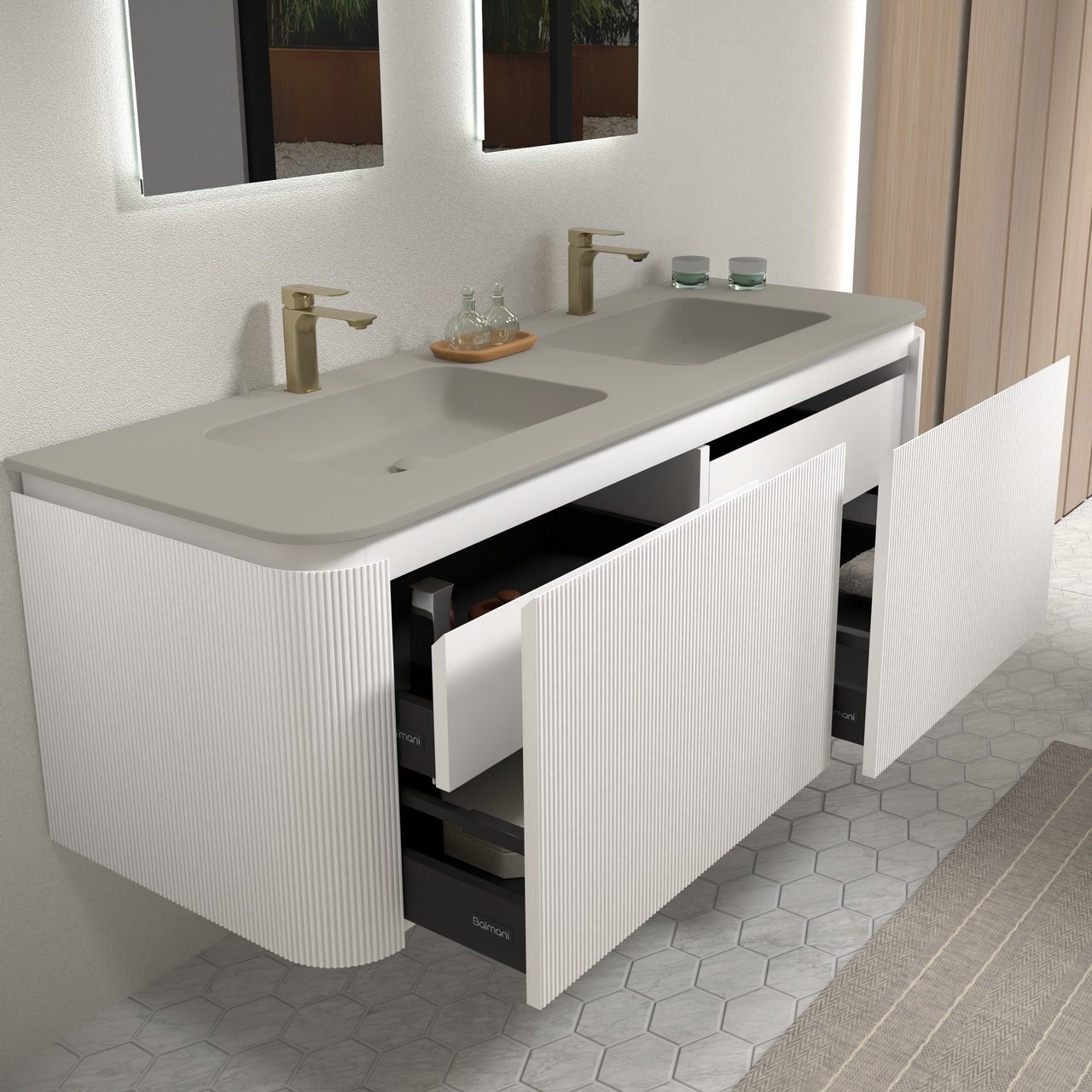 Balmani Moon hängendes Möbelstück Set: 160 x 55 cm, Weiß matt, mit Moon Doppelwaschtisch, Top Solid, Seidengrau, Vertikale symmetrische gerade Rippe