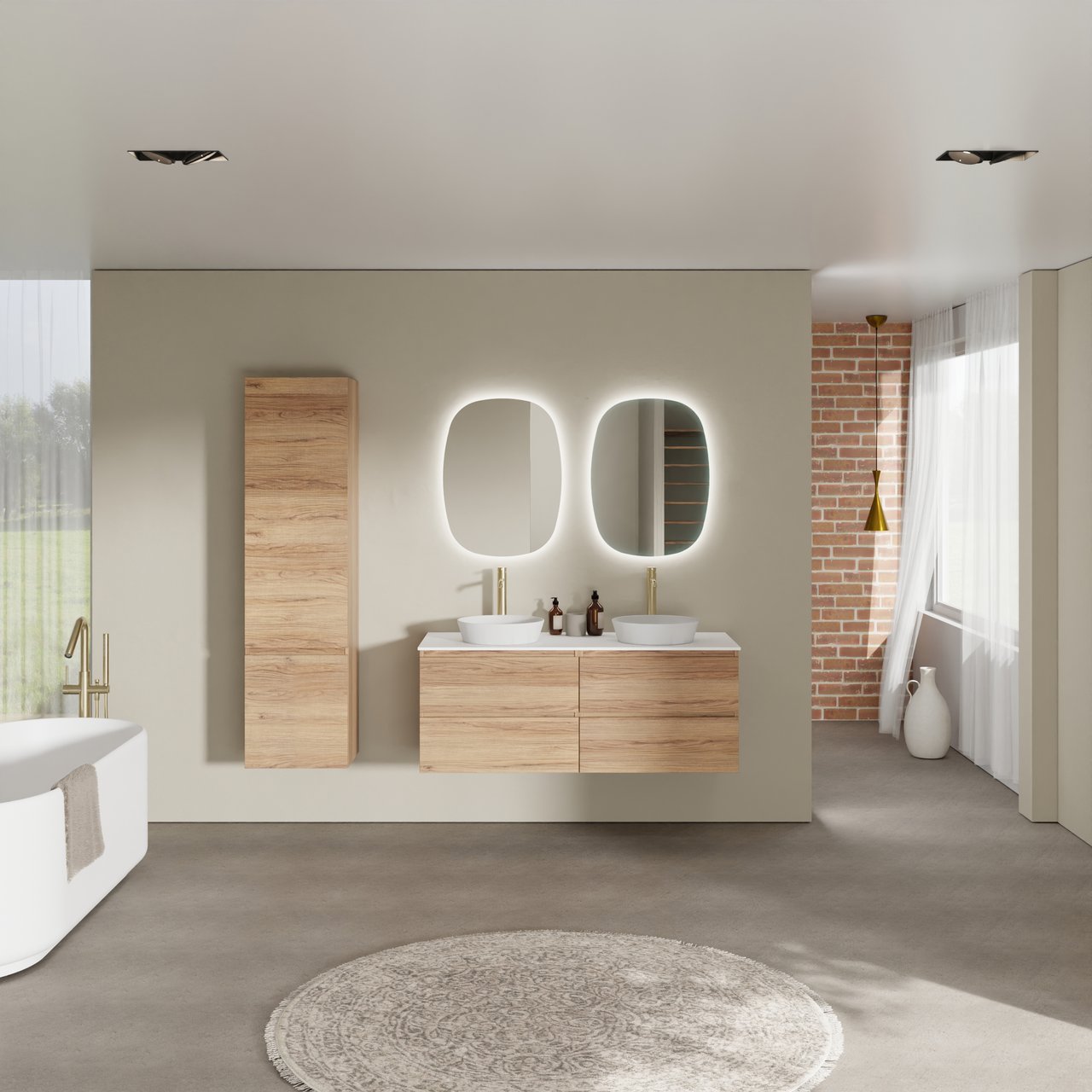 Balmani Lucida hängendes Möbelstück Set: 135 x 55 cm, Teak, mit Stretto Einzel- oder Doppel Waschtischplatte, Solid Surface Weiß matt