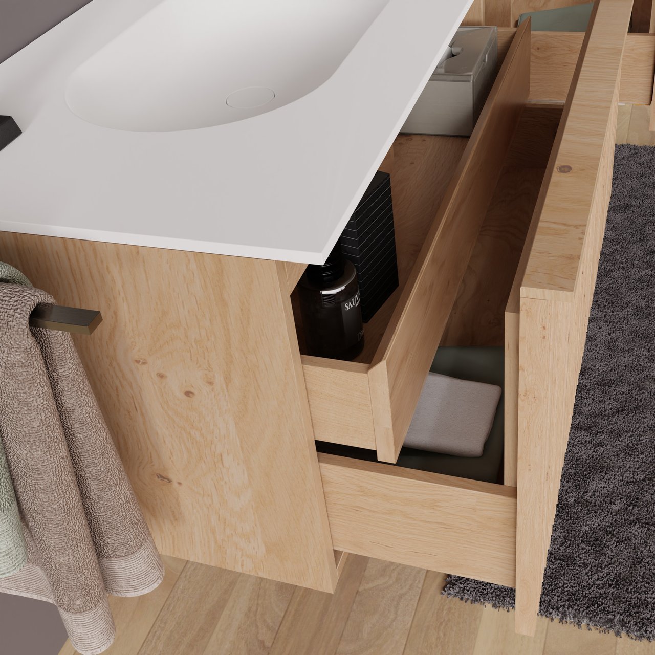 Balmani Forma zwevend badmeubel 150 x 55 cm naturel eiken met Tablo Oval dubbele wastafel in solid surface mat wit, Verticale asymmetrische ronde ribbel