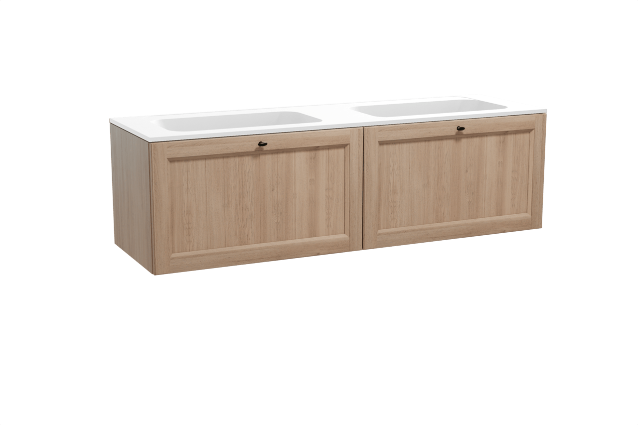 Balmani Lemon zwevend badmeubel 180 x 55 cm verweerd eiken met Tablo Strada dubbele wastafel in composietmarmer mat wit