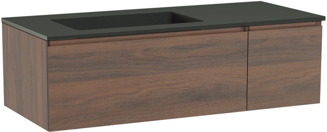 Storke Edge meuble salle de bains suspendu 120 x 52 cm noyer avec Scuro vasque asymétrique gauche en quartz noir mat