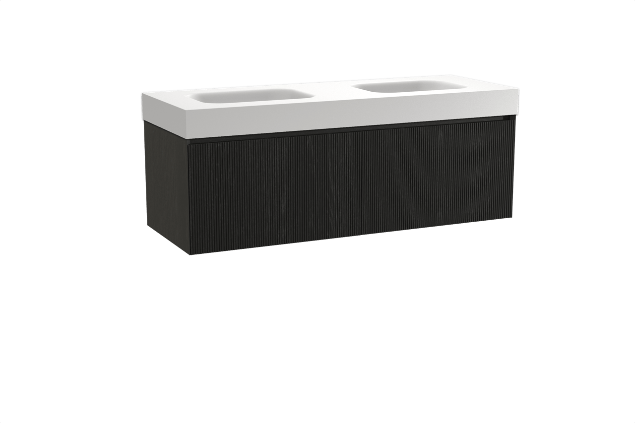 Balmani Fila hängendes Möbelstück Set: 150 x 55 cm, Schwarze Eiche, mit Arcato Doppelwaschtisch, Solid Surface, Weiß matt, Vertikale symmetrische gerade Rippe