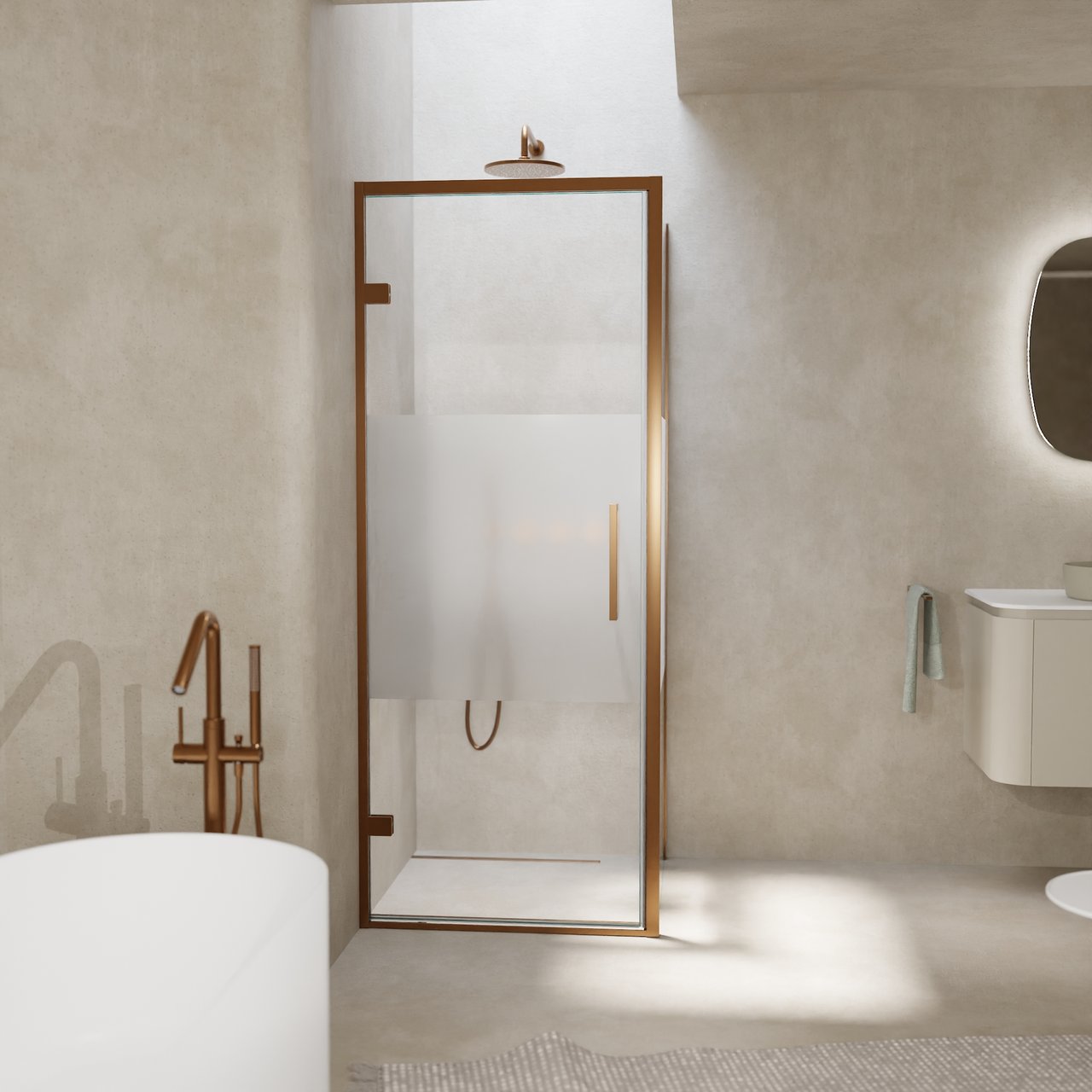Balmani Senses Design douche d'angle avec porte pivotante à gauche et paroi latérale fixe, 90 x 90 cm, Verre transparent avec bande mate, Profil Brushed Rosegold