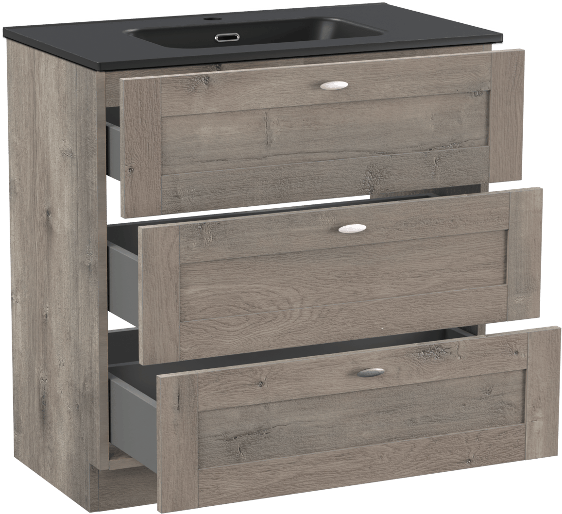 Linie Classo freistehendes Möbelstück Set: 80 x 46 cm, Graue Eiche, mit Baro Einzelwaschtisch, Porzellan Schwarz matt