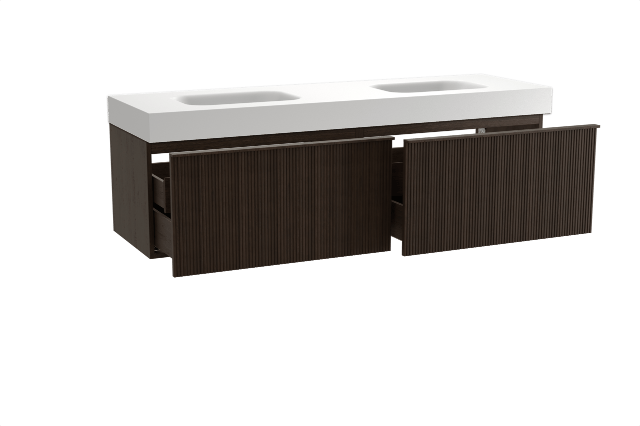 Balmani Forma zwevend badkamermeubel 180 x 55 cm gerookte eik met Arcato dubbele wastafel in solid surface mat wit, Verticale symmetrische rechte ribbel