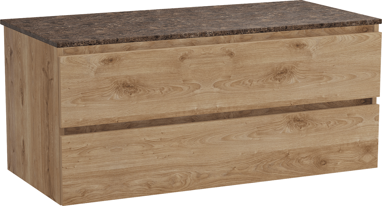 Balmani Lucida meuble salle de bains suspendu 120 x 55 cm chêne brut avec Stretto tablette simple ou double en marbre dark emperador