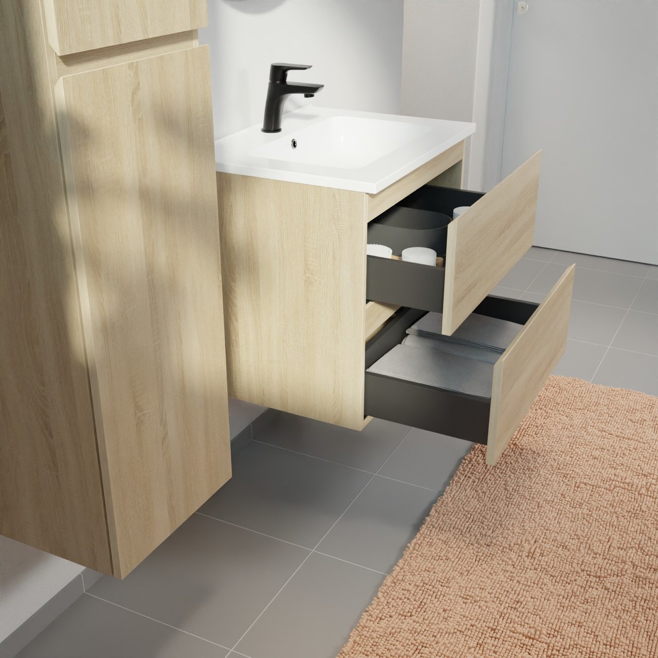 Linie Lado zwevend badmeubel 60 x 46 cm wit eiken met Vano enkele wastafel in composietmarmer hoogglans wit