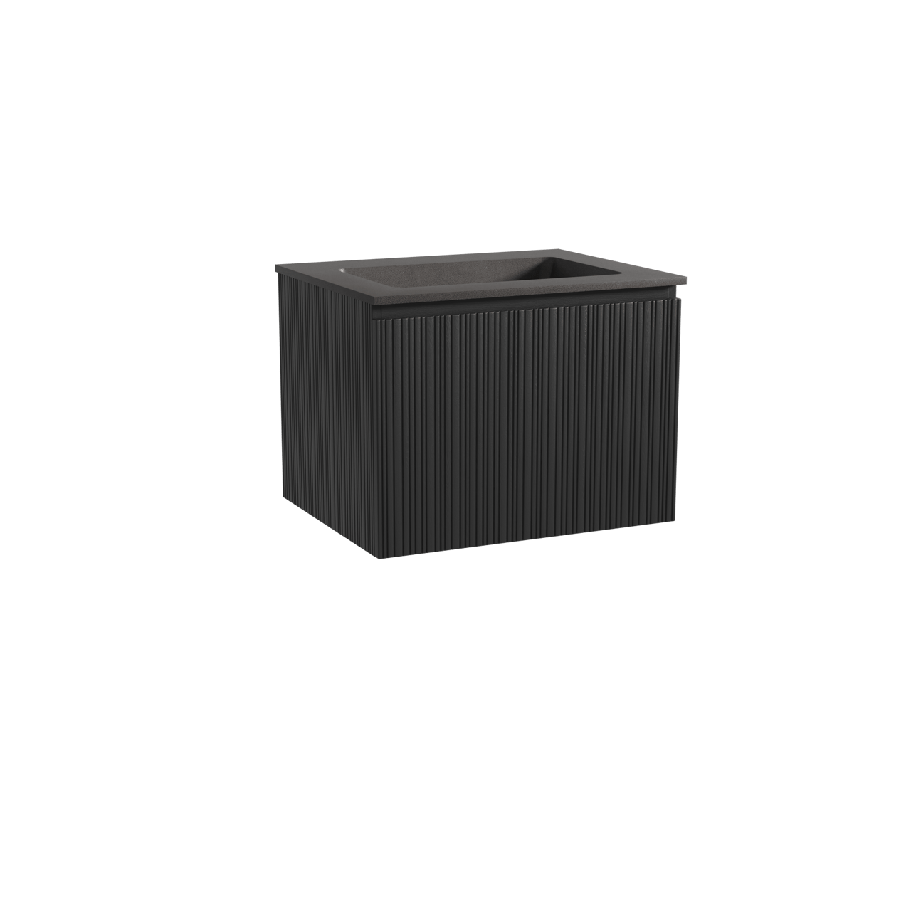 Storke Ribs meuble salle de bains suspendu 65 x 52 cm chêne noir avec Scuro plan simple en quartz noir mat, Nervure droite asymétrique verticale