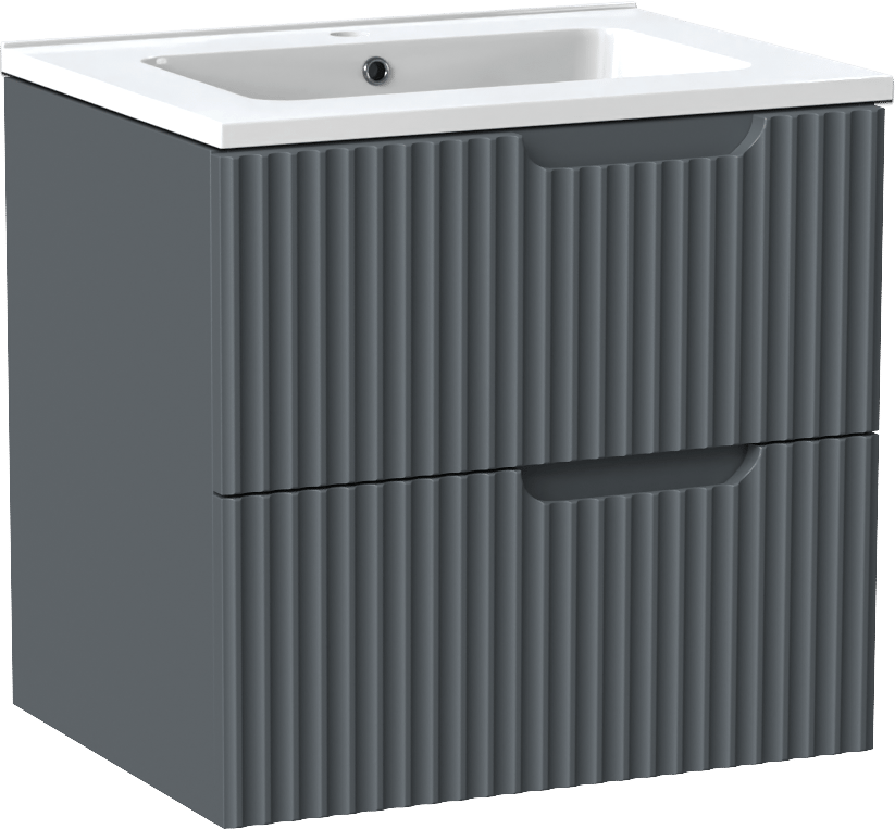 Linie Ribbo meuble salle de bains suspendu 60 x 46 cm bleu anthracite avec Vano plan simple en marbre composite blanc brillant, Nervure circulaire symétrique verticale