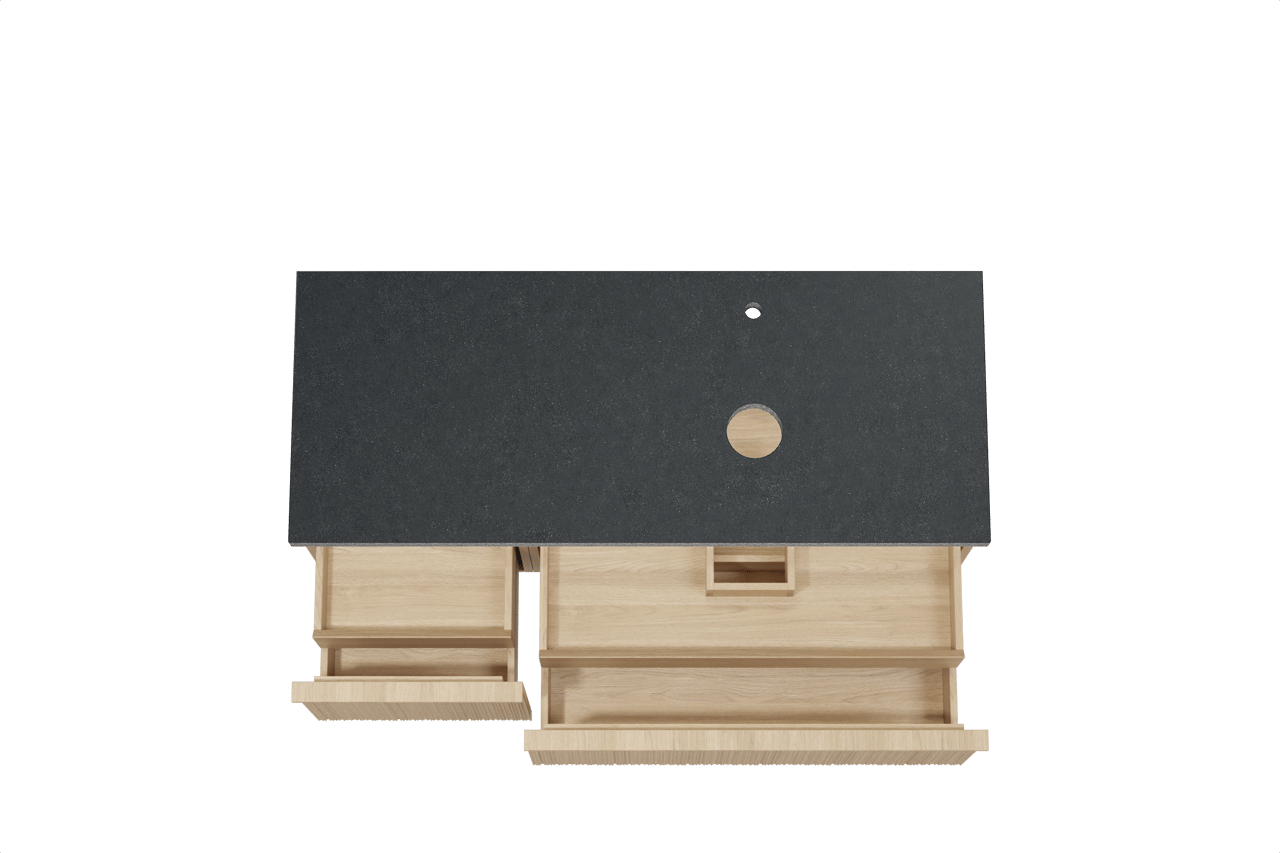 Balmani Forma zwevend badkamermeubel 135 x 55 cm natuur eik met Rock asymmetrisch rechtse wastafel in graniet zwart, Verticale asymmetrische ronde ribbel