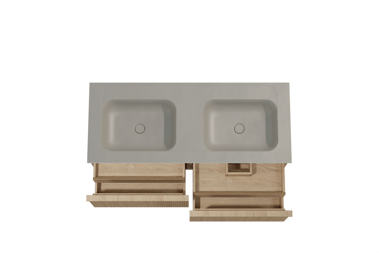 Balmani Forma zwevend badmeubel 135 x 55 cm naturel eiken met Tablo Strada dubbele wastafel in composietmarmer zijdegrijs, Verticale symmetrische rechte ribbel