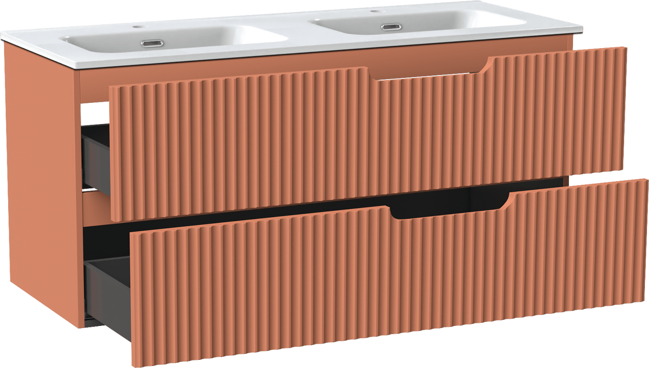 Linie Ribbo meuble salle de bains suspendu 120 x 46 cm cotto avec Baro double vasque en porcelaine blanc brillant, Nervure circulaire symétrique verticale