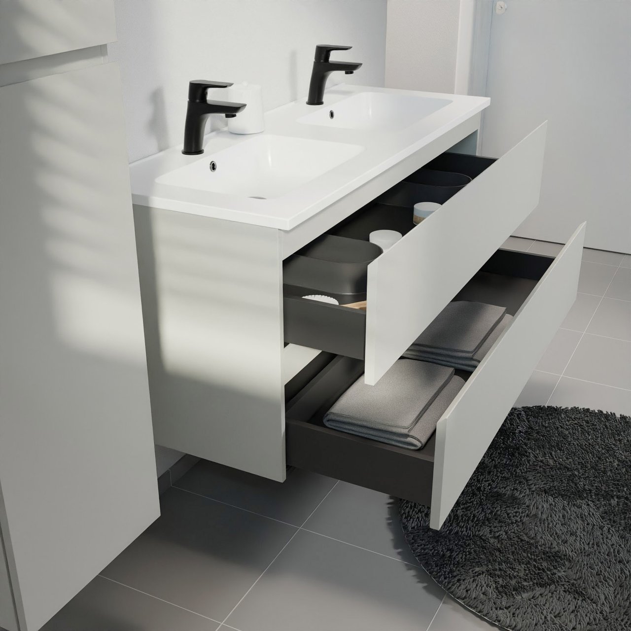 Linie Lado meuble salle de bains suspendu 120 x 46 cm greige avec Vano double vasque en marbre composite blanc mat