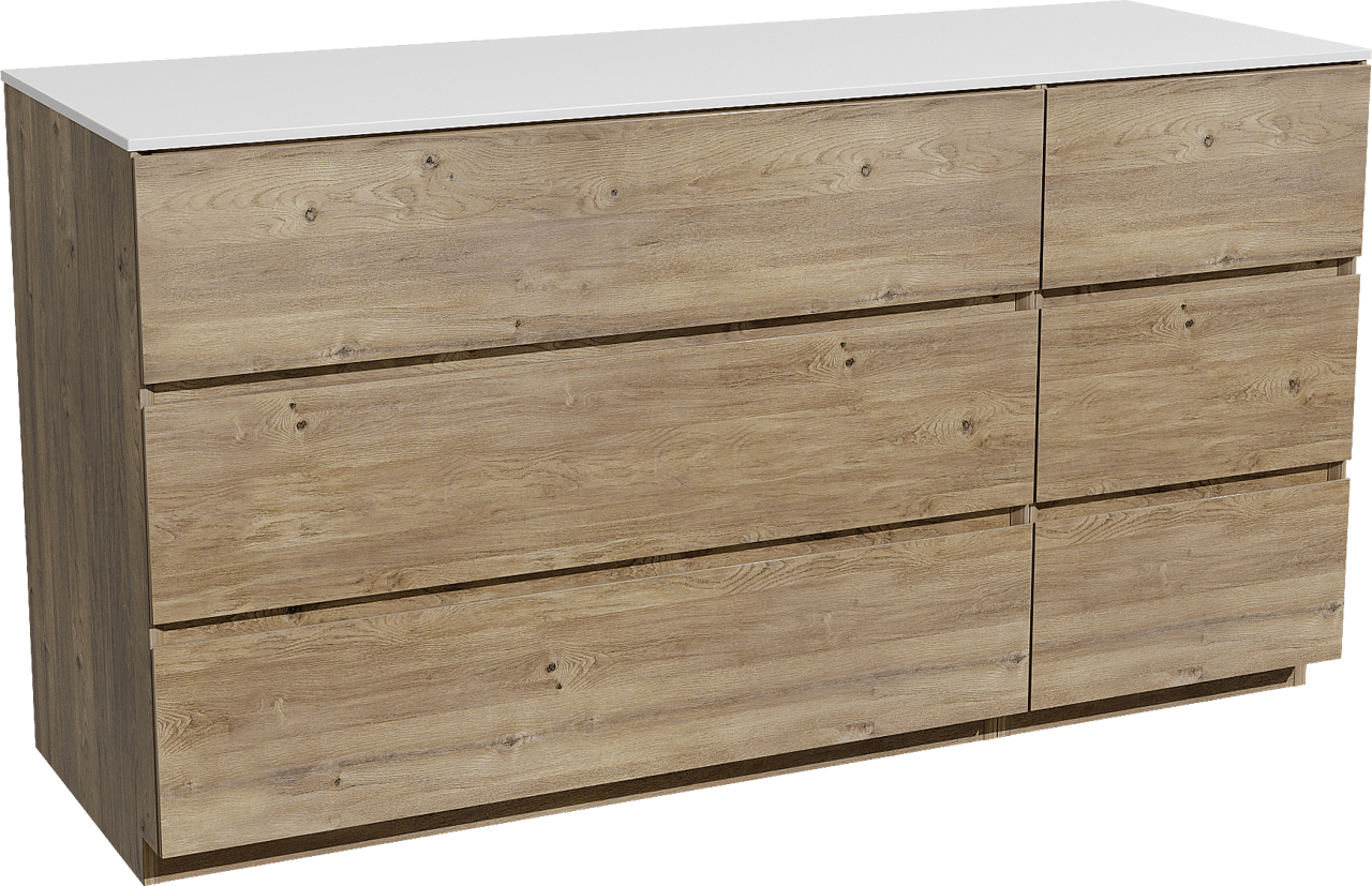 Storke Edge staand badkamermeubel 150 x 52 cm ruwe eik met Tavola enkel of dubbel tablet in solid surface mat wit