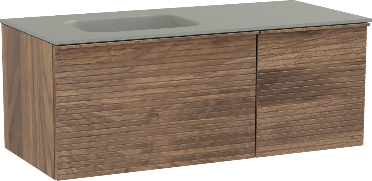 Balmani Forma meuble salle de bains suspendu 120 x 55 cm noyer américain avec Tablo Arcato plan vasque asymétrique à gauche en solid surface gris pierre, Nervure droite symétrique horizontale