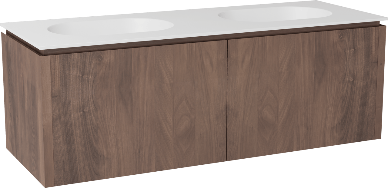 Balmani Eclips meuble salle de bains suspendu 150 x 55 cm Noyer américain avec Tablo Oval double vasque en Solid Surface blanc mat