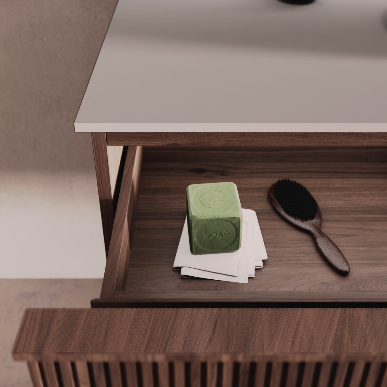 Balmani Forma meuble salle de bains suspendu 120 x 55 cm noyer américain avec Tablo Arcato lavabo simple pour 2 trous de robinet en granit noir, Nervure droite symétrique verticale