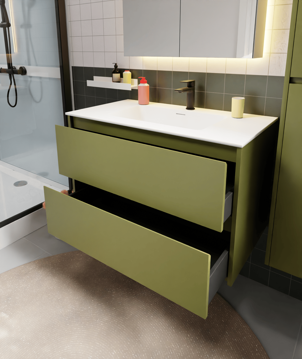 Storke Seda hängender Waschbeckenunterschrank: 95 x 52 cm, Olivgrün, 2 Schubladen