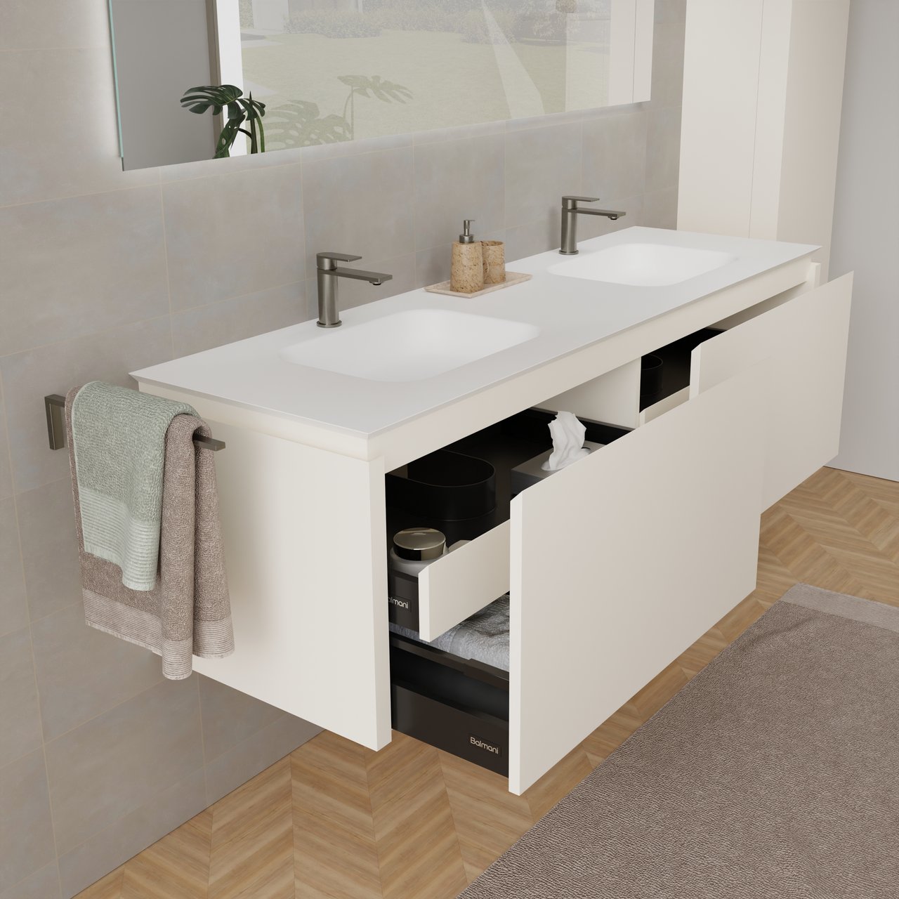 Balmani Eclips hängendes Möbelstück Set: 180 x 55 cm, Sandbeige, mit Eclips Doppelwaschtisch Solid Surface Weiβ matt