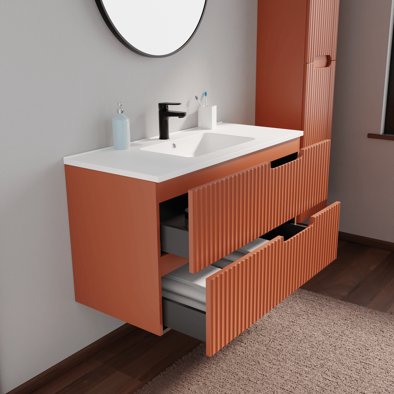 Linie Ribbo hängendes Möbelstück Set: 100 x 46 cm, Cotto, mit Vano Einzelwaschtisch, Marmorkomposit, Weiß matt, Vertikale symmetrische runde Rippe