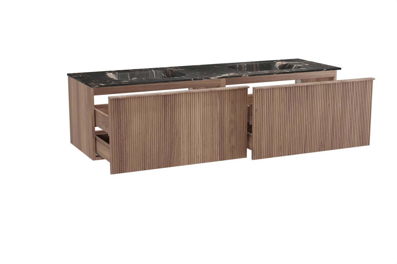 Balmani Forma hängendes Möbelstück Set: 180 x 55 cm, Teak, mit Tablo Arcato Doppelwaschtisch, Marmor, Portoro Gold, Vertikale symmetrische gerade Rippe