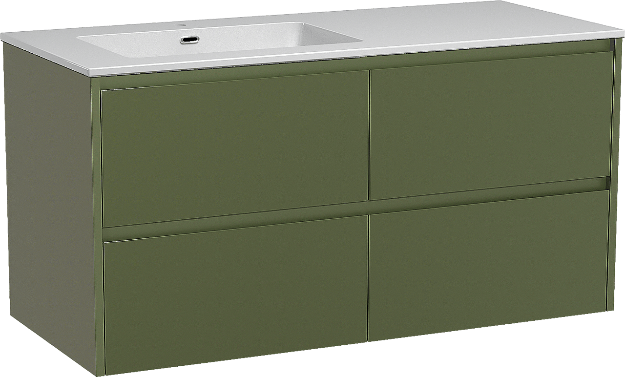 Storke Seda meuble salle de bains suspendu 120 x 52 cm vert olive avec Diva vasque asymétrique gauche en marbre composite blanc brillant