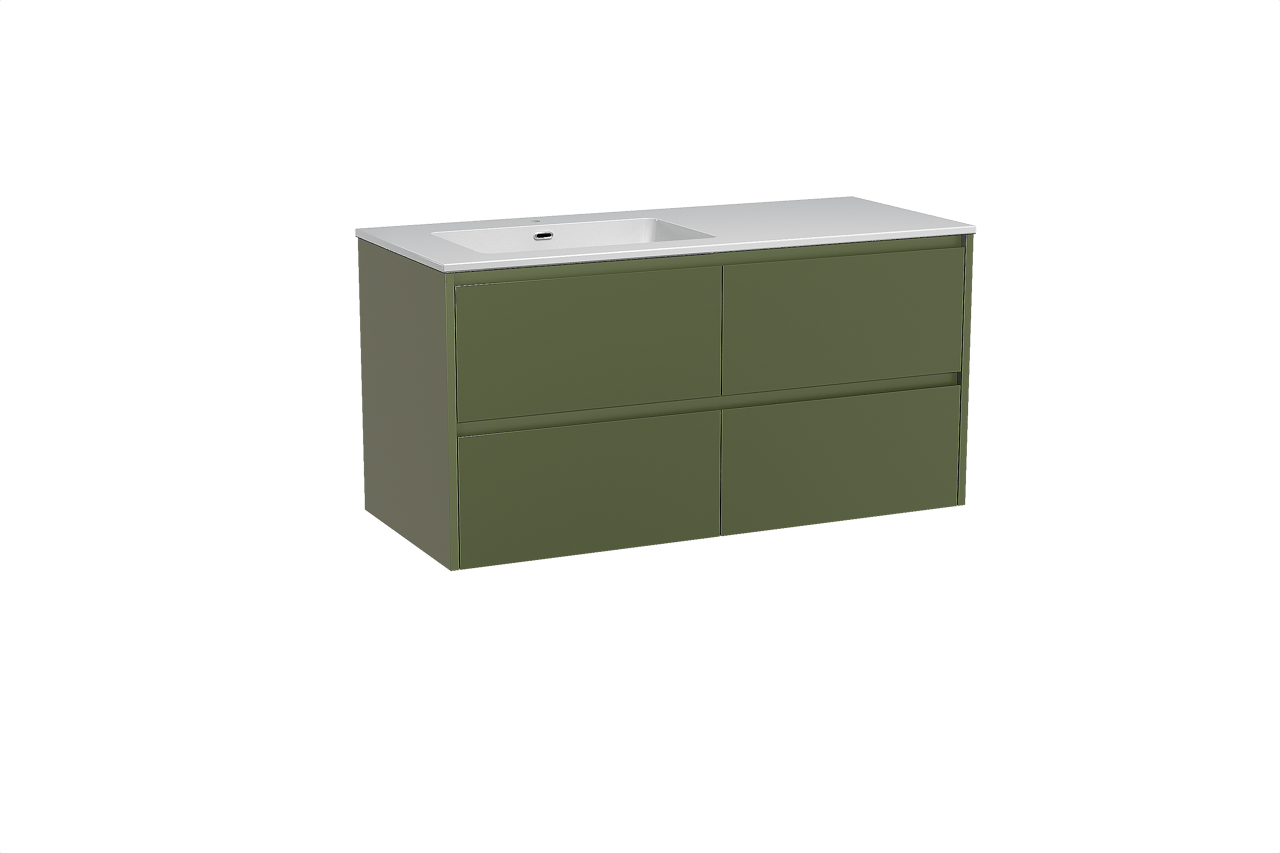 Storke Seda meuble salle de bains suspendu 120 x 52 cm vert olive avec Diva vasque asymétrique gauche en marbre composite blanc brillant