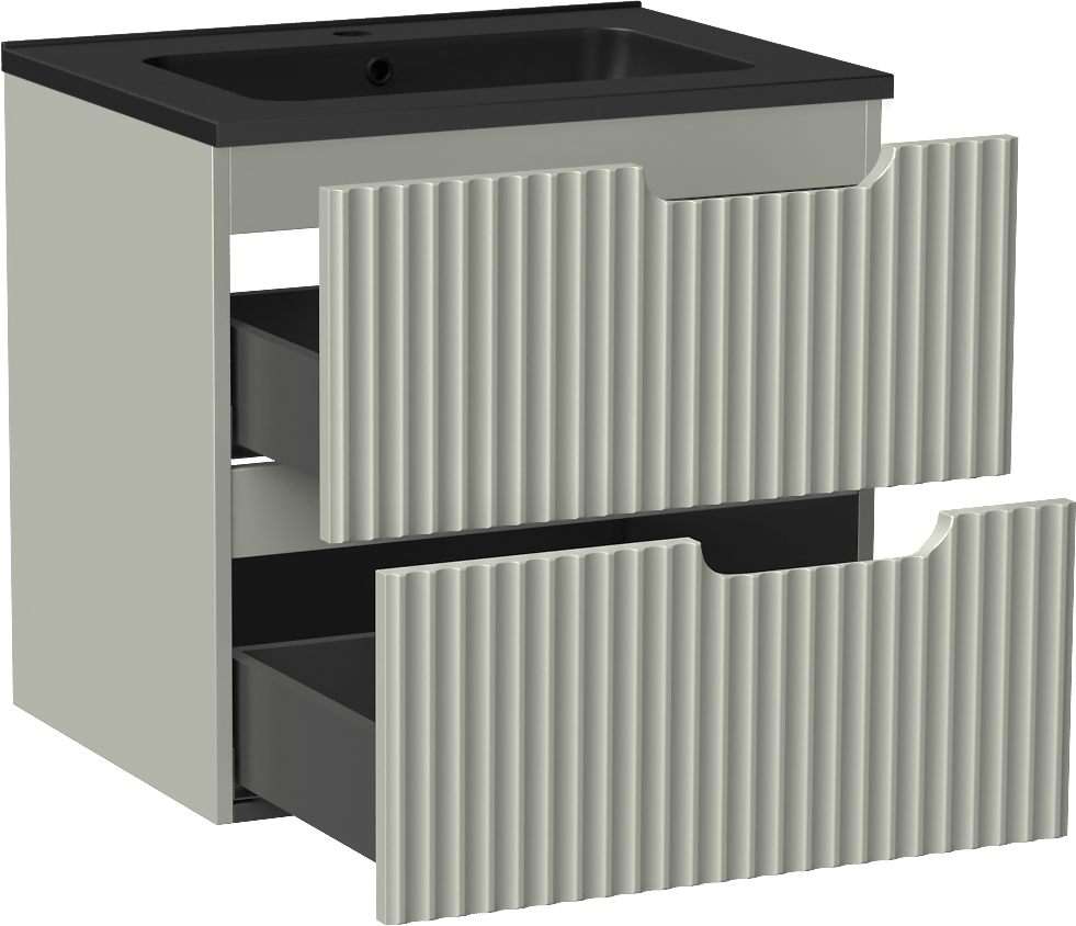 Linie Ribbo meuble salle de bains suspendu 60 x 46 cm greige avec Vano plan simple en marbre composite noir mat, Nervure circulaire symétrique verticale