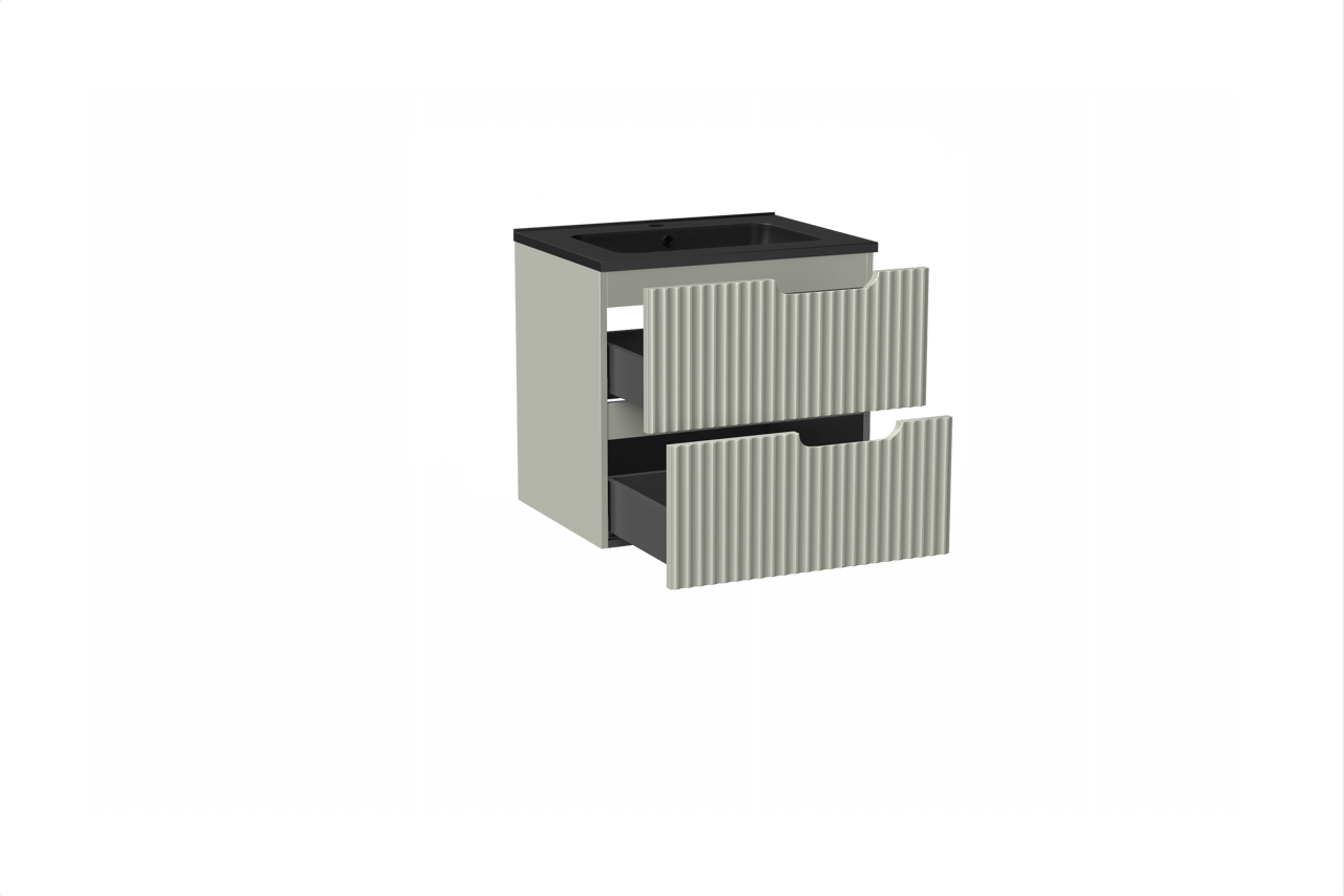 Linie Ribbo hängendes Möbelstück Set: 60 x 46 cm, Greige, mit Vano Einzelwaschtisch, Marmorkomposit, Schwarz matt, Vertikale symmetrische runde Rippe