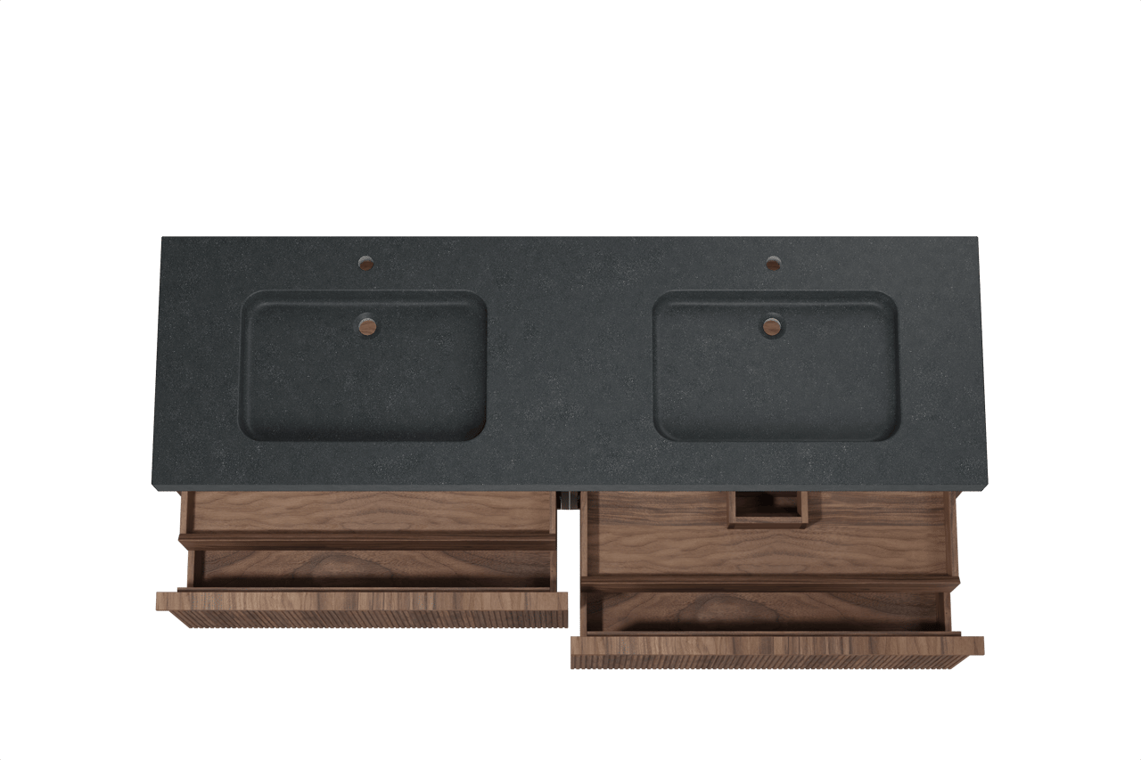 Balmani Forma zwevend badkamermeubel 180 x 55 cm amerikaanse notelaar met Napoli dubbele wastafel in graniet zwart, Verticale symmetrische rechte ribbel