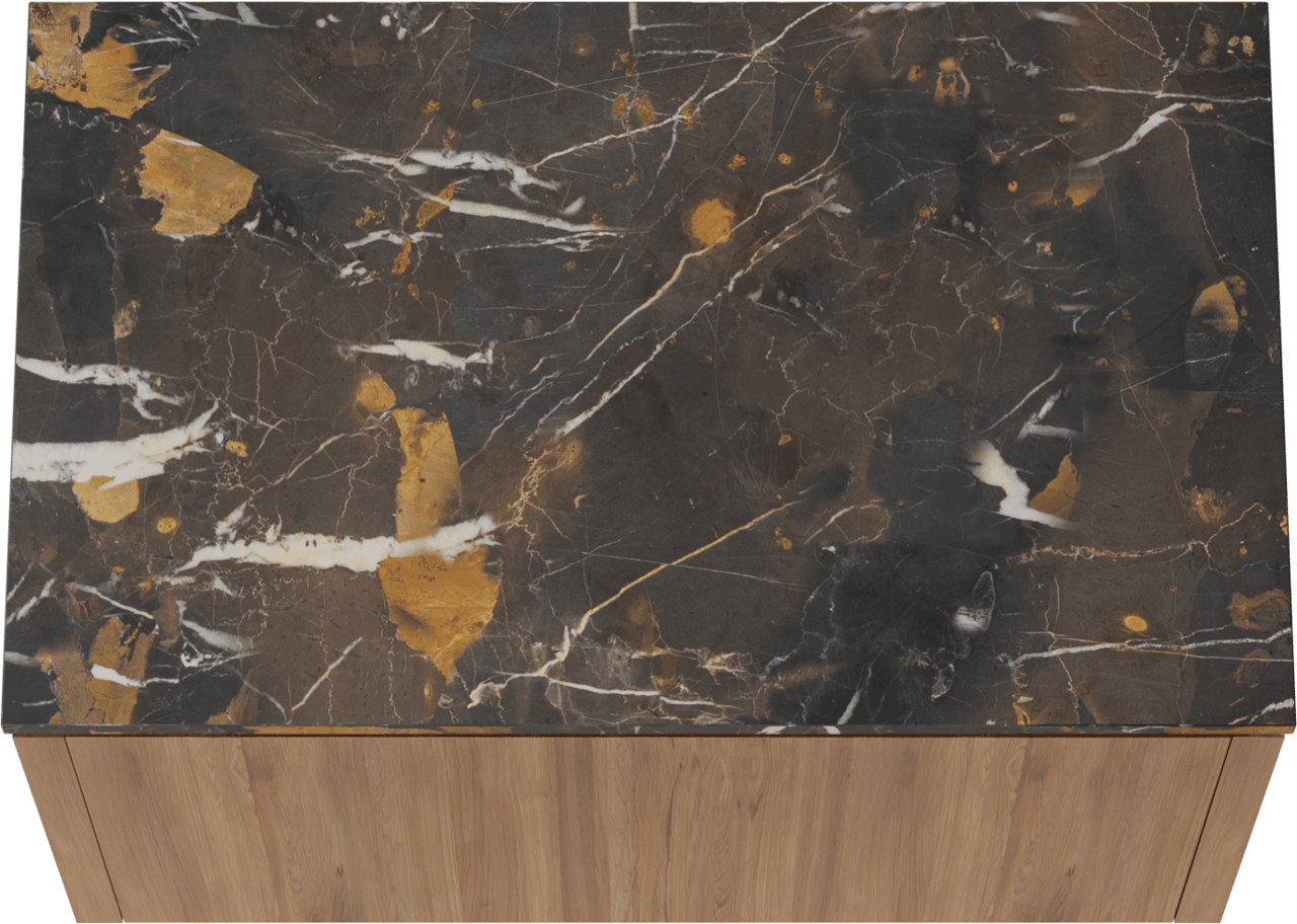 Balmani Eclips zwevend badkamermeubel 90 x 55 cm Teak met Stretto enkel tablet in Portoro Gold marmer