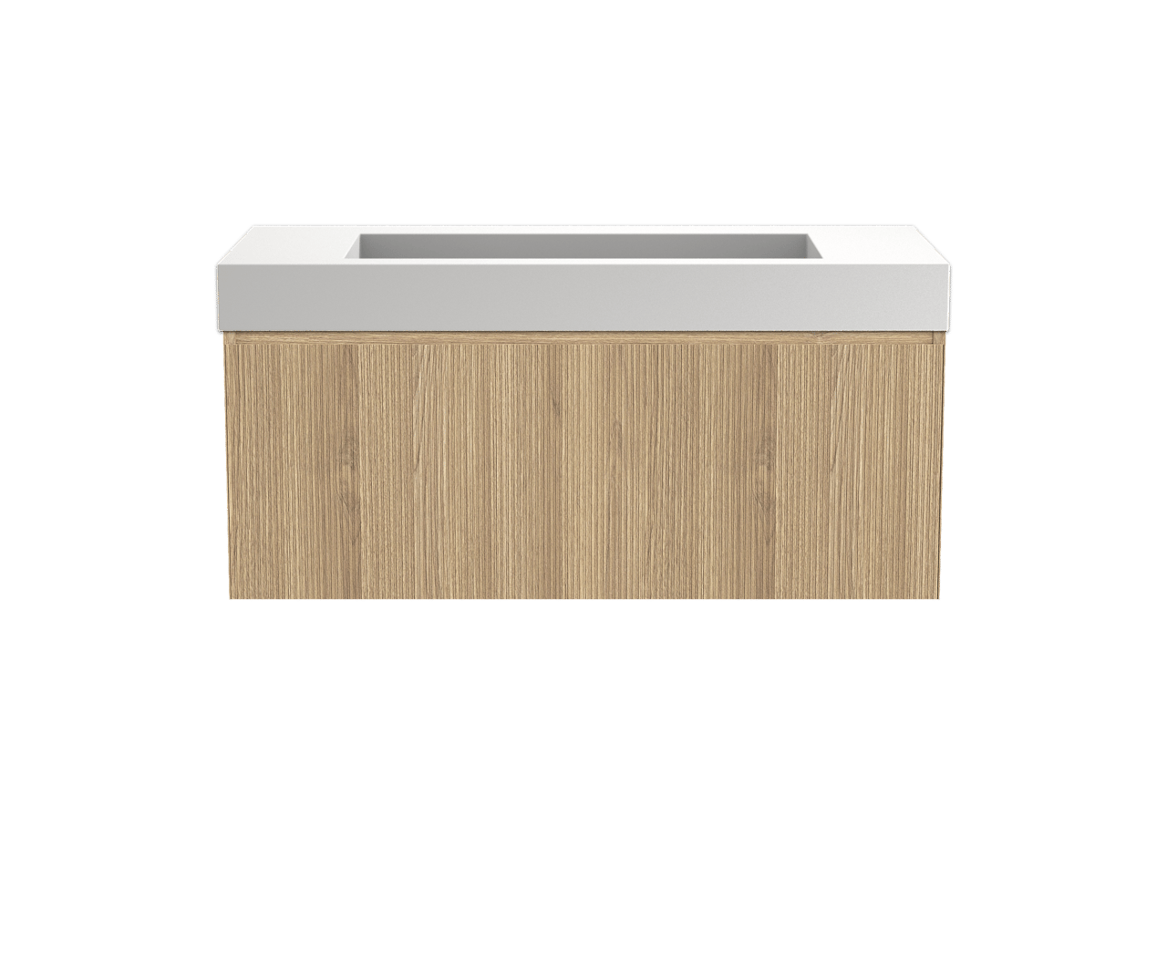 Balmani Fila zwevend badkamermeubel 120 x 55 cm natuur eik met Modus enkele wastafel voor 2 kraangaten in solid surface mat wit, Verticale symmetrische rechte ribbel