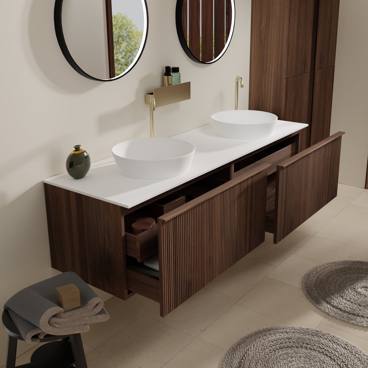 Balmani Forma zwevend badmeubel 180 x 55 cm amerikaans notenhout met Stretto enkel of dubbel wastafelblad in solid surface mat wit, Verticale symmetrische rechte ribbel