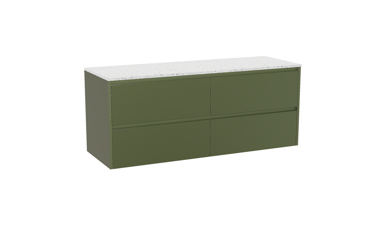 Storke Seda zwevend badkamermeubel 150 x 52 cm olijfgroen met Tavola enkel of dubbel tablet in mat wit/zwart terrazzo