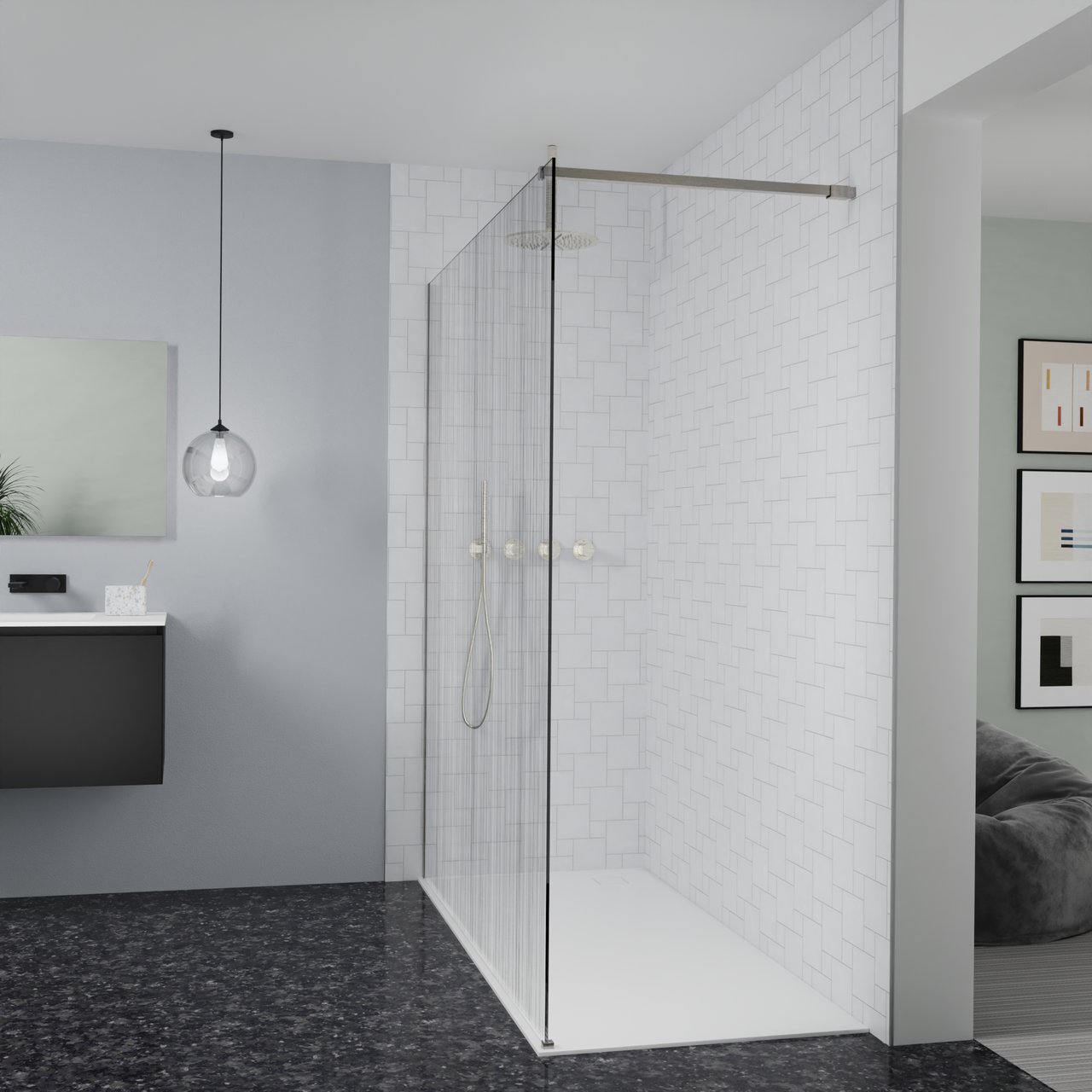 Balmani Modular Walk-In Dusche: 180 x 200 cm, Mikado, inklusive Coating, Profil Brushed CoolMetal