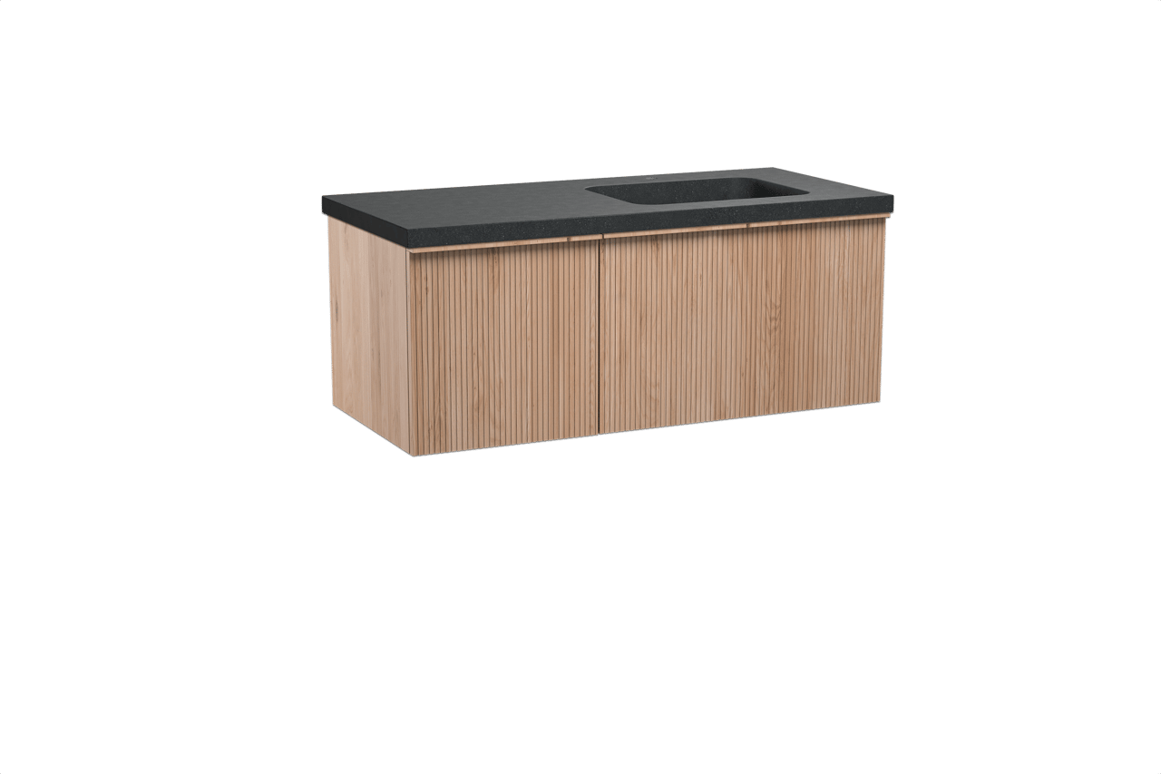 Balmani Forma meuble salle de bains suspendu 120 x 55 cm chêne naturel avec Napoli vasque asymétrique droite en granit noir, Nervure droite symétrique verticale
