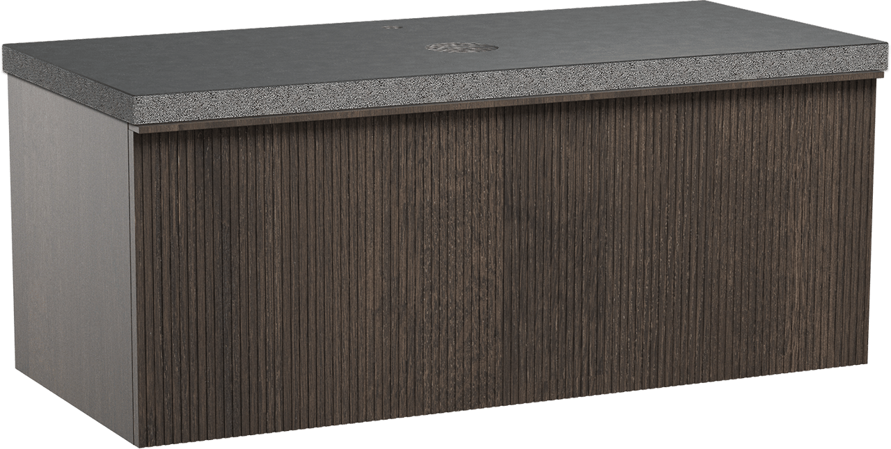 Balmani Forma hängendes Möbelstück Set: 120 x 55 cm, Geräucherte Eiche, mit Rock Einzel Waschtischplatte, Granit, Schwarzes Granit, Vertikale symmetrische gerade Rippe