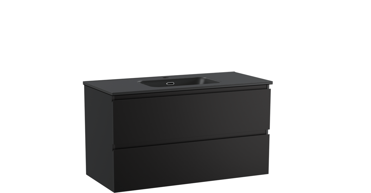 Linie Lado hängendes Möbelstück Set: 100 x 46 cm, Schwarz matt, mit Baro Einzelwaschtisch, Porzellan Schwarz matt